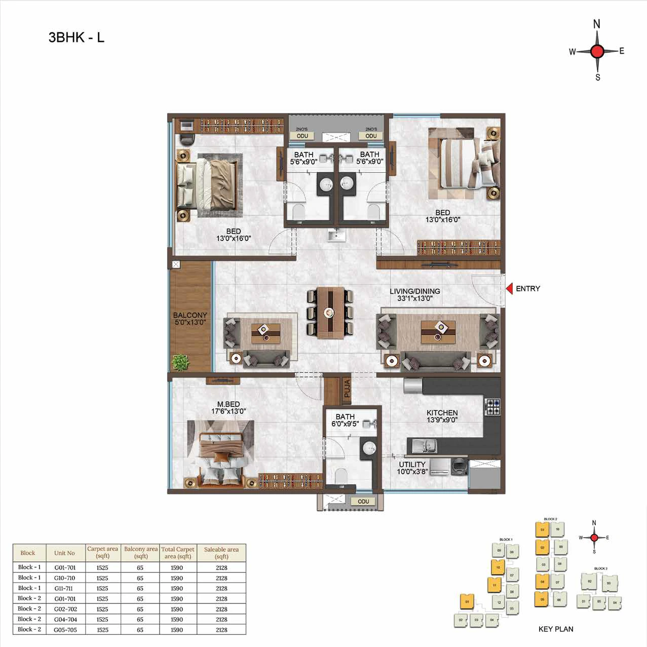 3BHK floor plan
