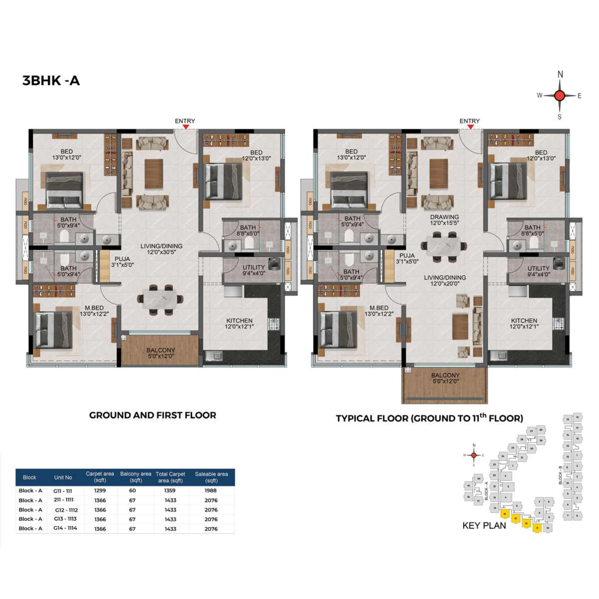 3BHK floor plan