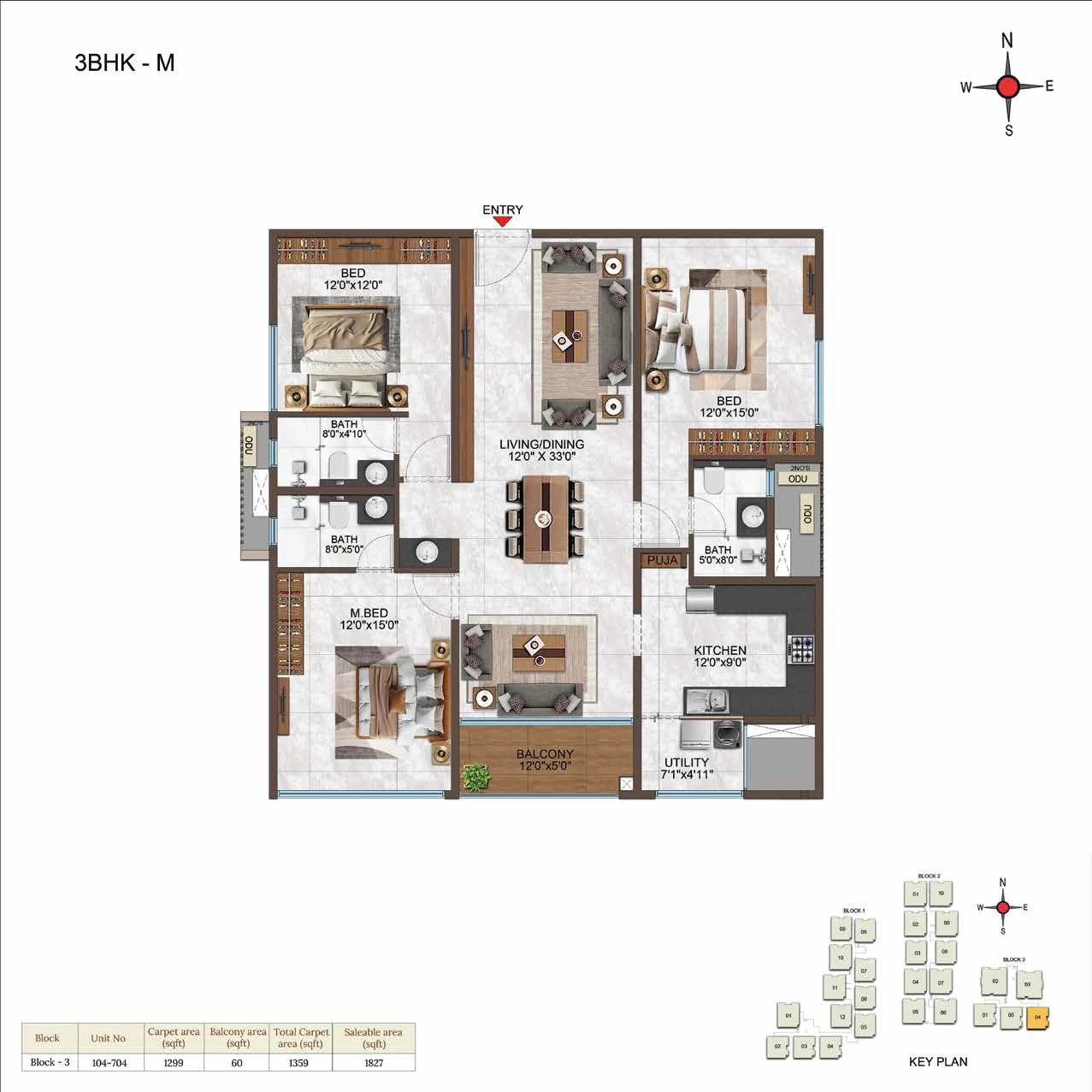 3BHK floor plan