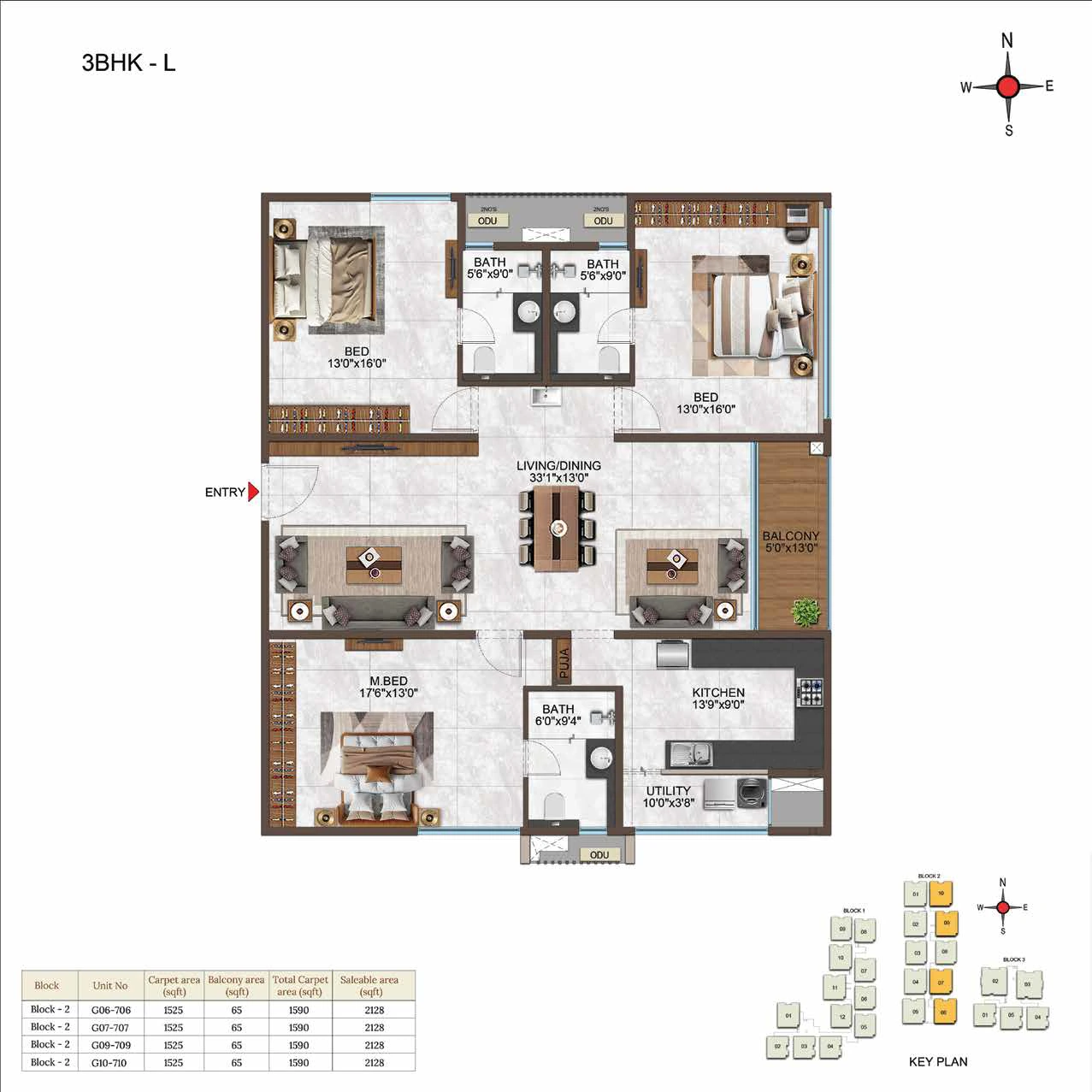3BHK floor plan